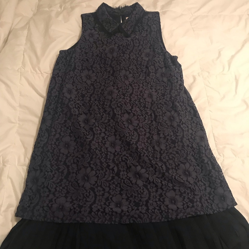 Lace dress with pleated chiffon bottom.